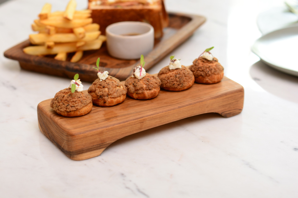 Lap and Dado Furniture for Plats Restaurant - handmade teak wood serving platters/ wood trays