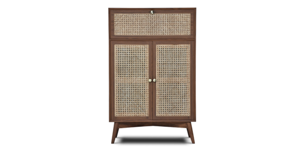 Buy wood and rattan furniture online - Buy Bar cabinet online crafted with quality materials - Lap & Dado furniture, contemporary mid-century modern design, Derry canework bar cabinet in teak veneer with solid teak wood legs for your living or dining room