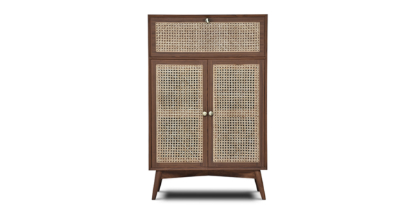 Buy wood and rattan furniture online - Buy Bar cabinet online crafted with quality materials - Lap & Dado furniture, contemporary mid-century modern design, Derry canework bar cabinet in teak veneer with solid teak wood legs for your living or dining room