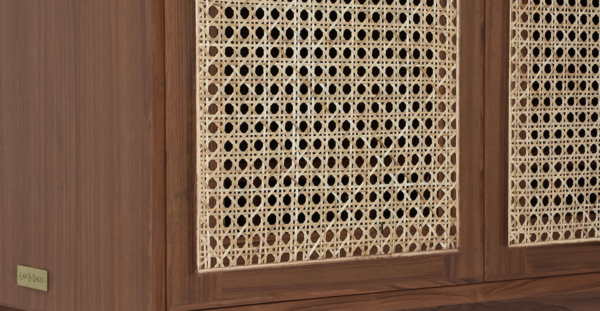 Buy wood and rattan furniture online - Buy Bar cabinet online crafted with quality materials - Lap & Dado furniture, contemporary mid-century modern design, Derry canework bar cabinet in teak veneer with solid teak wood legs for your living or dining room