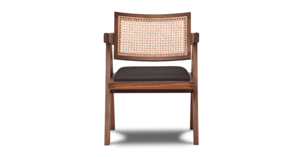 Buy rattan and wood furniture online - Pierre Jeanneret Chandighar chair - solid teak wood furniture crafted with quality materials - Lap & Dado furniture mid-century modern design, Lyon teak wood and cane work lounge chair or dining chair with premium upholstery