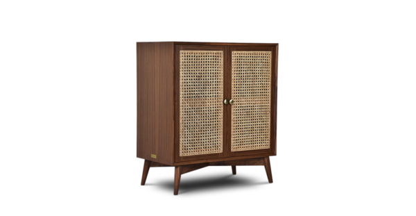 Buy wood and rattan furniture online - Buy Bar cabinet online crafted with quality materials - Lap & Dado furniture, contemporary mid-century modern design, Wells canework bar cabinet in teak veneer with solid teak wood legs for your living or dining room