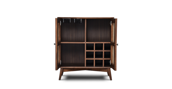 Buy wood and rattan furniture online - Buy Bar cabinet online crafted with quality materials - Lap & Dado furniture, contemporary mid-century modern design, Wells canework bar cabinet in teak veneer with solid teak wood legs for your living or dining room