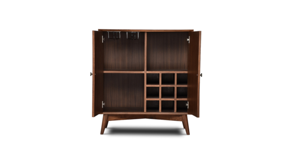 Buy wood furniture online - Buy Bar cabinet online crafted with quality materials - Lap & Dado furniture, contemporary mid-century modern design, Wells bar cabinet in teak veneer with solid teak wood legs for your living or dining room